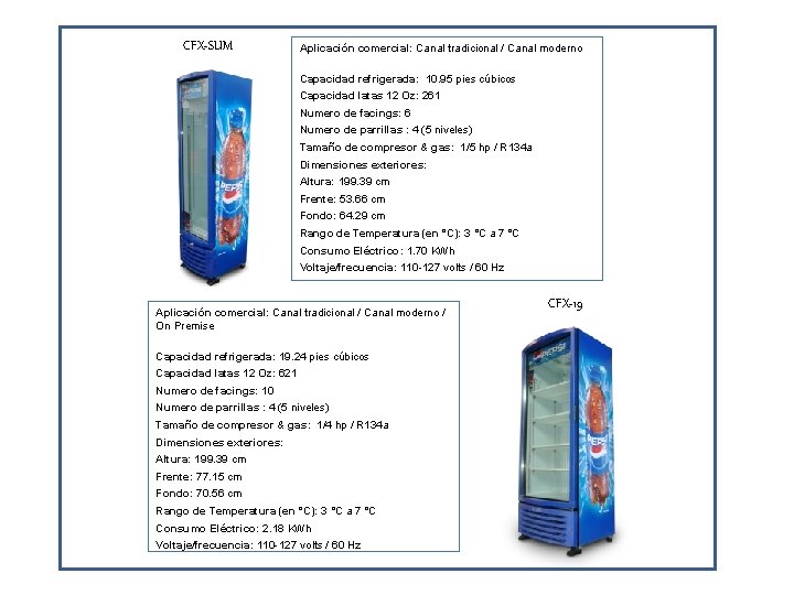 CFX-SLIM Aplicación comercial: Canal tradicional / Canal moderno Capacidad refrigerada: 10. 95 pies cúbicos