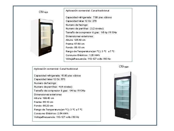CRV-140 Aplicación comercial: Canal tradicional Capacidad refrigerada: 7. 68 pies cúbicos Capacidad latas 12