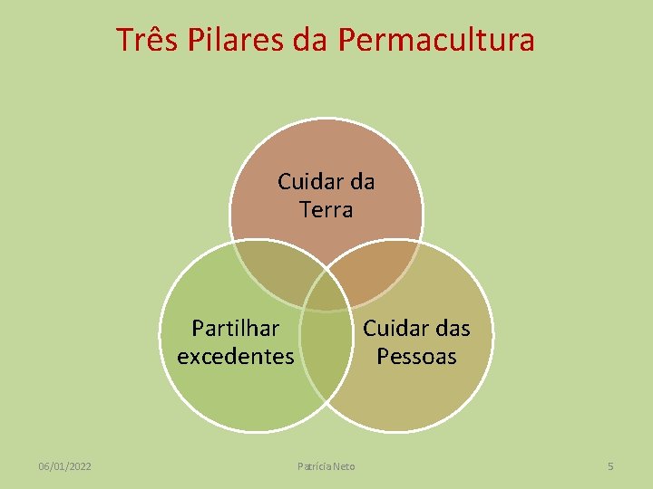 Três Pilares da Permacultura Cuidar da Terra Partilhar excedentes 06/01/2022 Cuidar das Pessoas Patrícia