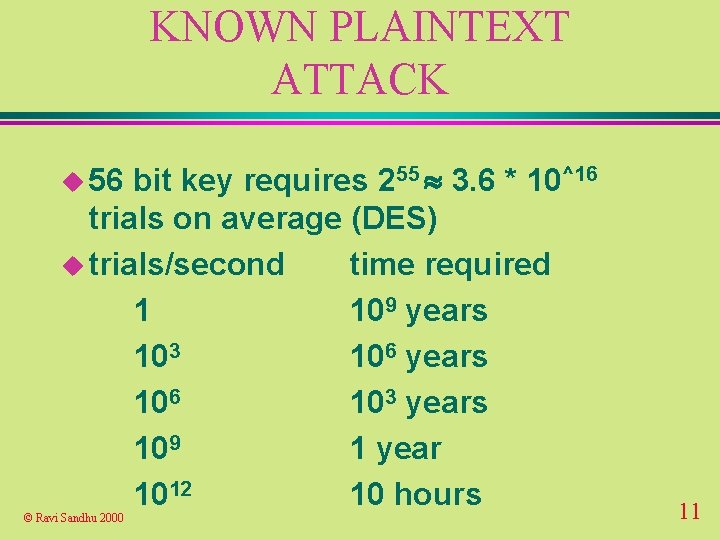 KNOWN PLAINTEXT ATTACK bit key requires 255 3. 6 * 10^16 trials on average