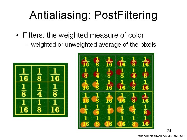 Antialiasing: Post. Filtering • Filters: the weighted measure of color – weighted or unweighted Antialiasing: Post. Filtering • Filters: the weighted measure of color – weighted or unweighted