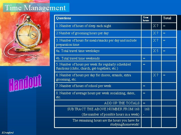 Time Management Your hours Questions 1. Number of hours of sleep each night X