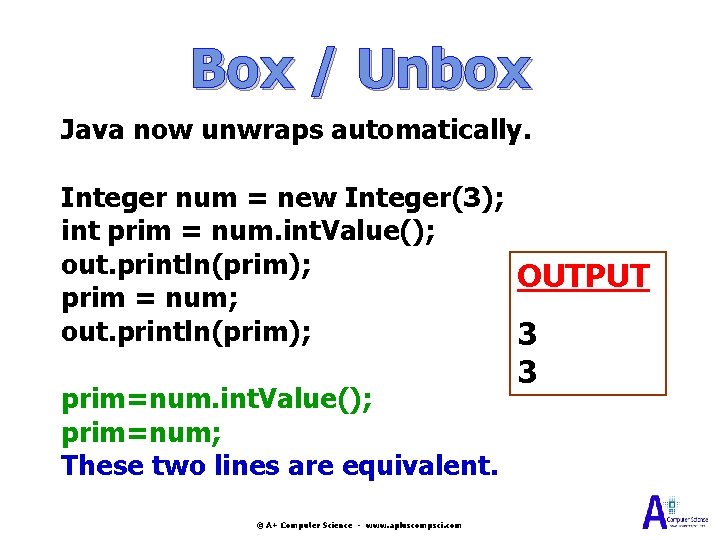 Box / Unbox Java now unwraps automatically. Integer num = new Integer(3); int prim