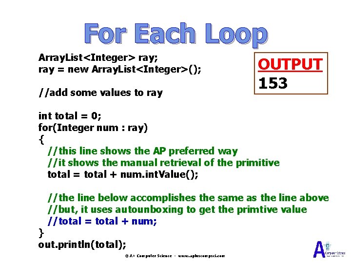 For Each Loop Array. List<Integer> ray; ray = new Array. List<Integer>(); //add some values