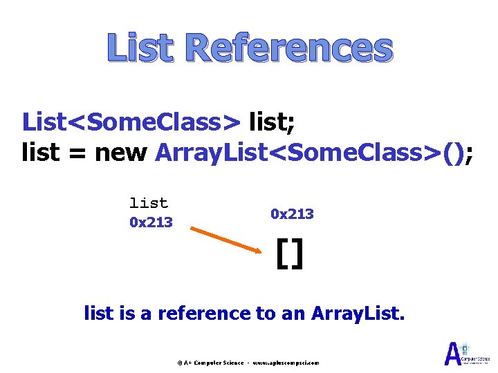 List References List<Some. Class> list; list = new Array. List<Some. Class>(); list 0 x