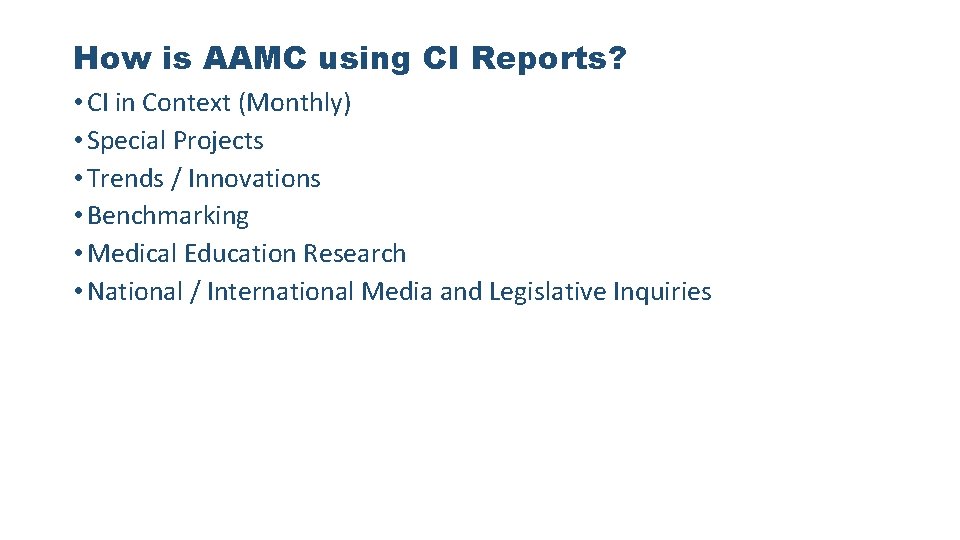 How is AAMC using CI Reports? • CI in Context (Monthly) • Special Projects How is AAMC using CI Reports? • CI in Context (Monthly) • Special Projects