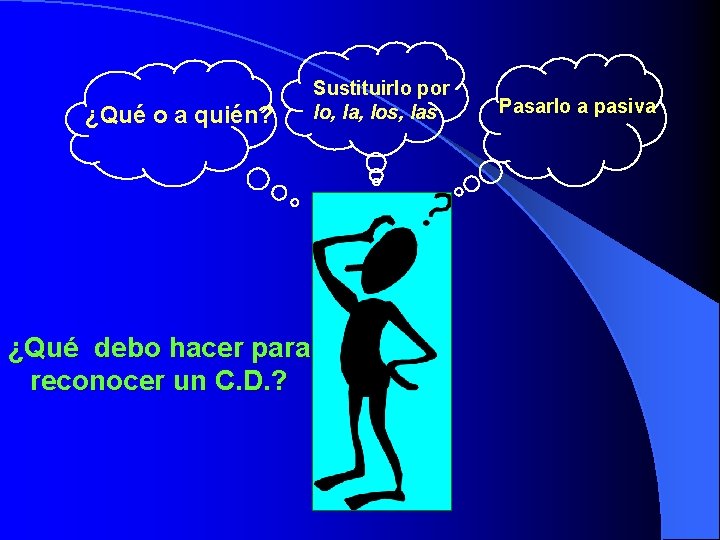 ¿Qué o a quién? ¿Qué debo hacer para reconocer un C. D. ? Sustituirlo