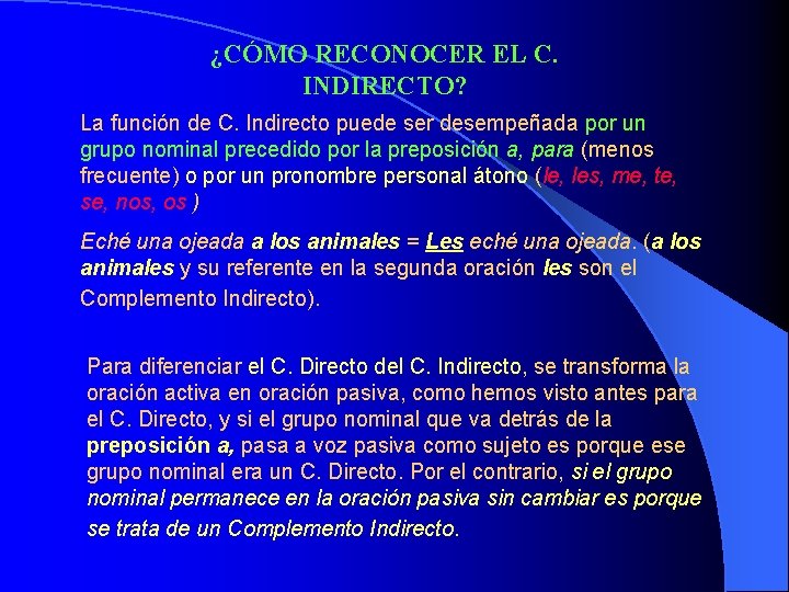 ¿CÓMO RECONOCER EL C. INDIRECTO? La función de C. Indirecto puede ser desempeñada por