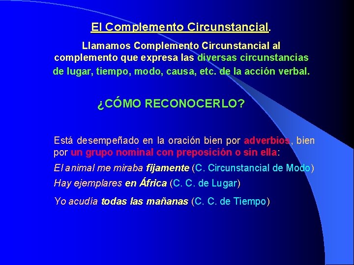 El Complemento Circunstancial. Llamamos Complemento Circunstancial al complemento que expresa las diversas circunstancias de