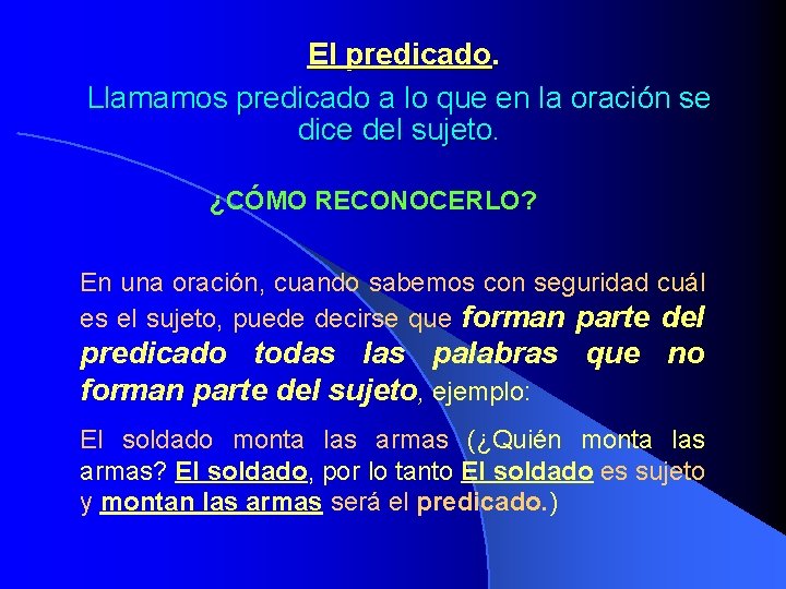 El predicado. Llamamos predicado a lo que en la oración se dice del sujeto.