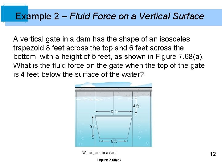 Example 2 – Fluid Force on a Vertical Surface A vertical gate in a Example 2 – Fluid Force on a Vertical Surface A vertical gate in a