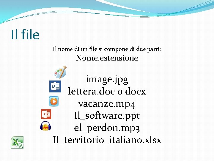 Il file Il nome di un file si compone di due parti: Nome. estensione