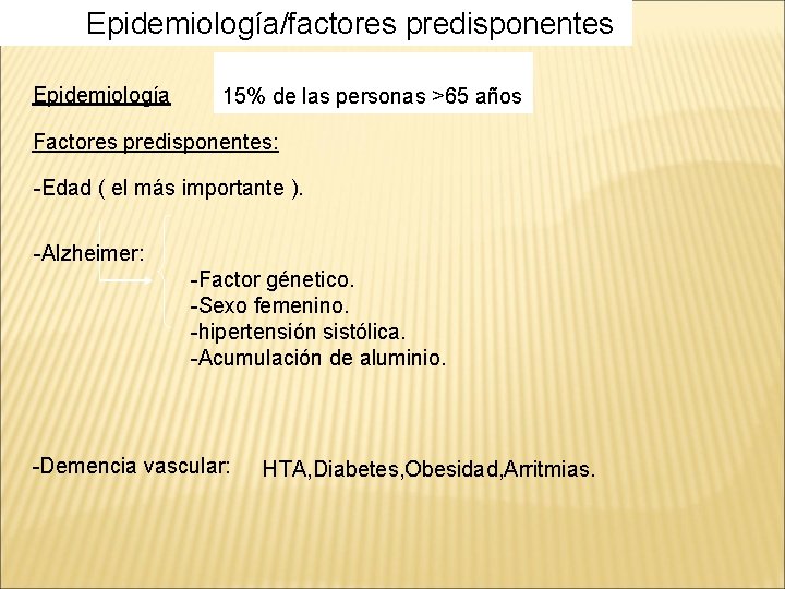 Epidemiología/factores predisponentes Epidemiología 15% de las personas >65 años Factores predisponentes: -Edad ( el Epidemiología/factores predisponentes Epidemiología 15% de las personas >65 años Factores predisponentes: -Edad ( el