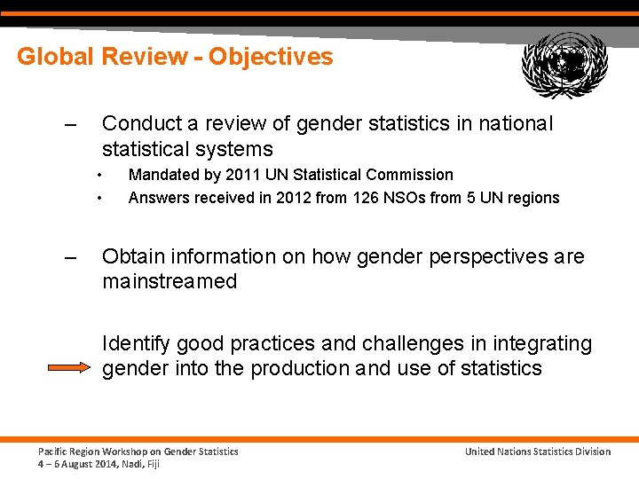 Global Review - Objectives – Conduct a review of gender statistics in national statistical