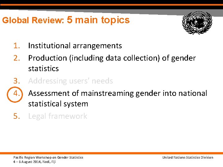 Global Review: 5 main topics 1. Institutional arrangements 2. Production (including data collection) of