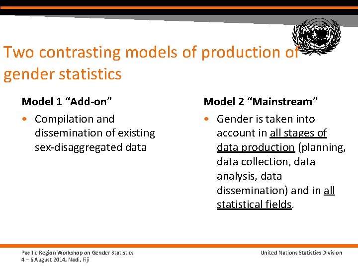 Two contrasting models of production of gender statistics Model 1 “Add-on” • Compilation and