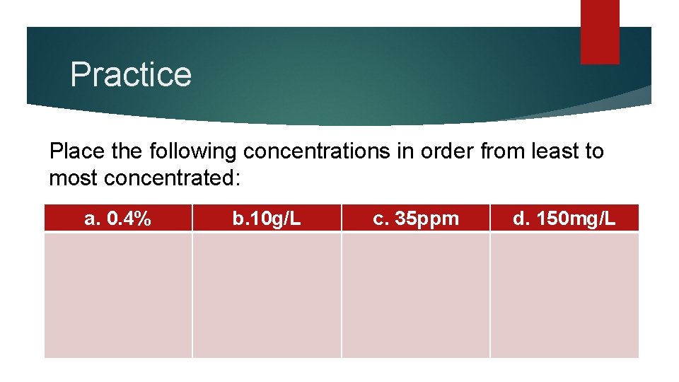 Practice Place the following concentrations in order from least to most concentrated: a. 0.