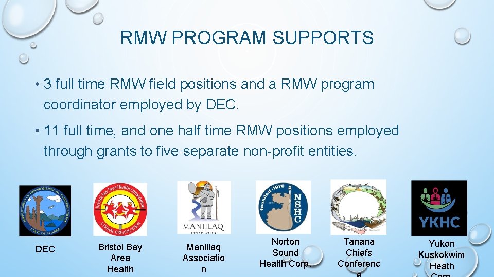 RMW PROGRAM SUPPORTS • 3 full time RMW field positions and a RMW program