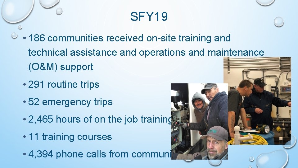 SFY 19 • 186 communities received on-site training and technical assistance and operations and