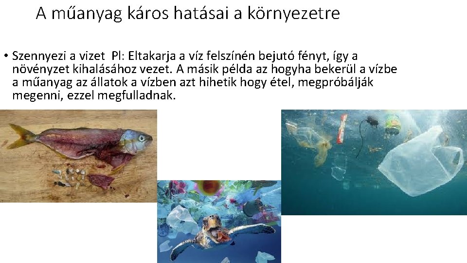 A műanyag káros hatásai a környezetre • Szennyezi a vizet Pl: Eltakarja a víz