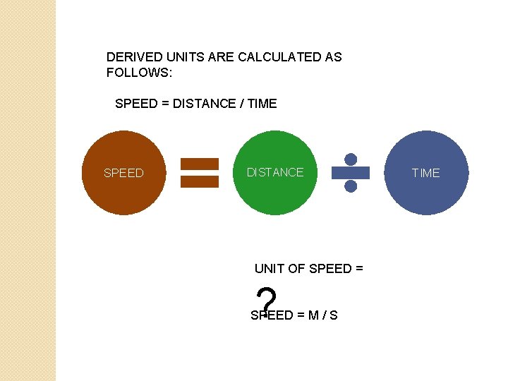 DERIVED UNITS ARE CALCULATED AS FOLLOWS: SPEED = DISTANCE / TIME SPEED DISTANCE UNIT