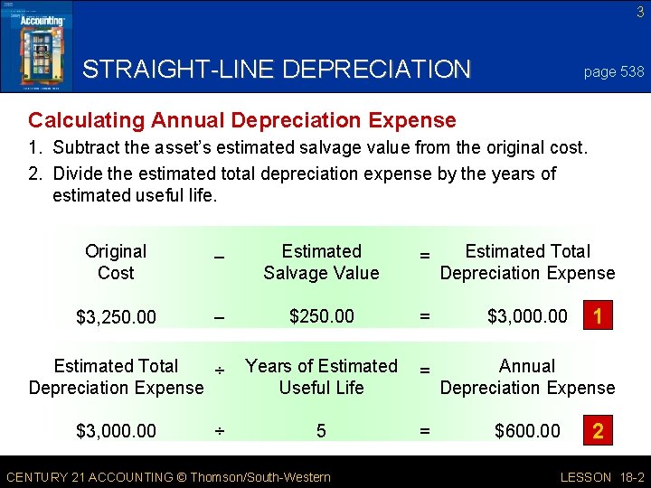 3 STRAIGHT-LINE DEPRECIATION page 538 Calculating Annual Depreciation Expense 1. Subtract the asset’s estimated