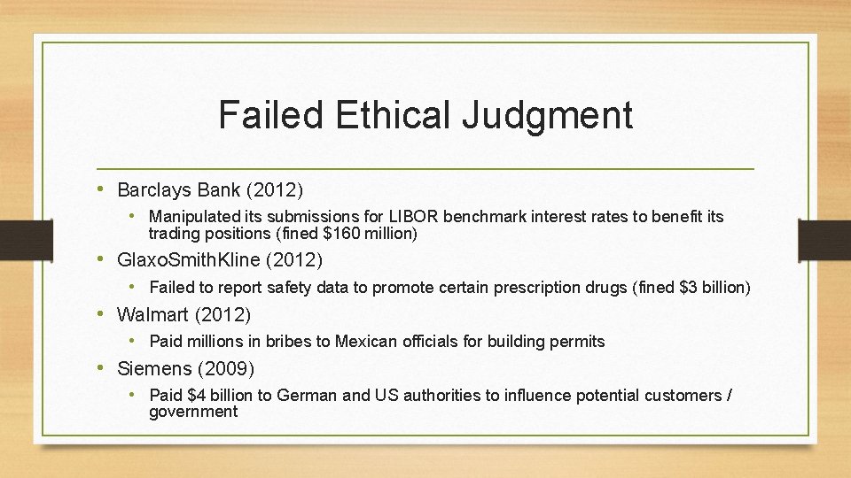 Failed Ethical Judgment • Barclays Bank (2012) • Manipulated its submissions for LIBOR benchmark