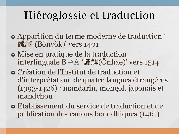 Hiéroglossie et traduction Apparition du terme moderne de traduction ‘ 飜譯 (Bŏnyŏk)’ vers 1401