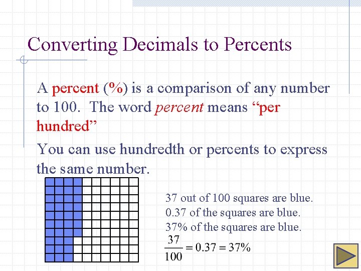 Converting Decimals to Percents A percent (%) is a comparison of any number to