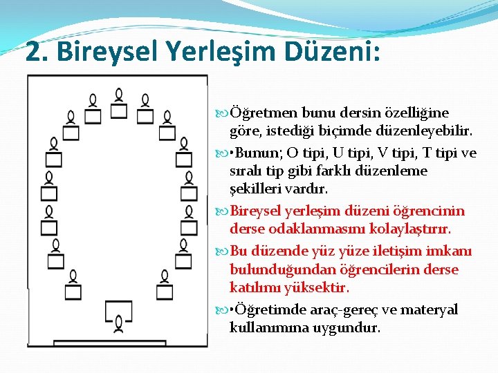 2. Bireysel Yerleşim Düzeni: Öğretmen bunu dersin özelliğine göre, istediği biçimde düzenleyebilir. • Bunun;