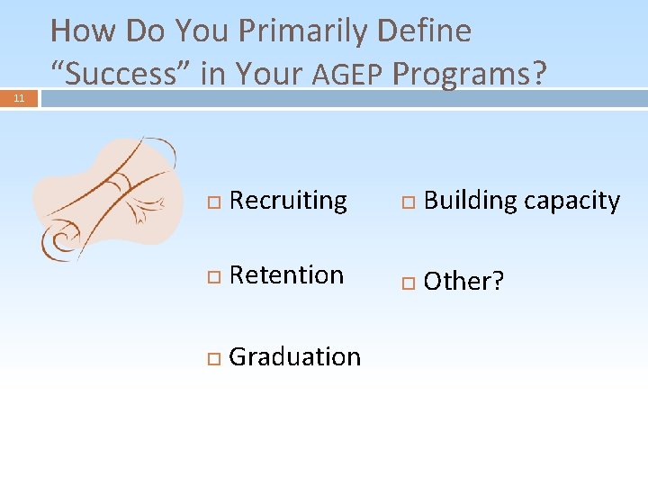 11 How Do You Primarily Define “Success” in Your AGEP Programs? Recruiting Building capacity