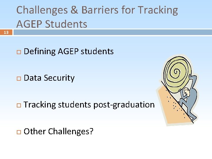 13 Challenges & Barriers for Tracking AGEP Students Defining AGEP students Data Security Tracking
