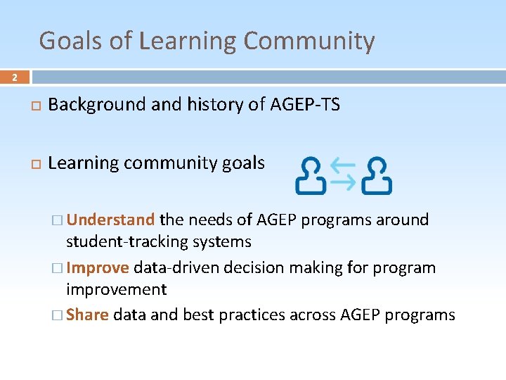 Goals of Learning Community 2 Background and history of AGEP-TS Learning community goals �