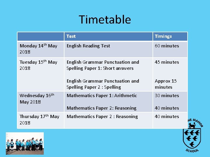 Timetable Test Timings Monday 14 th May 2018 English Reading Test 60 minutes Tuesday