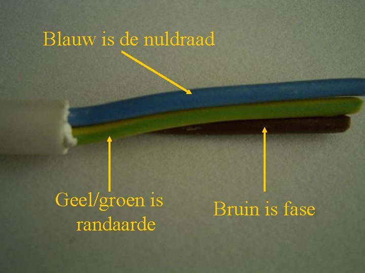 Blauw is de nuldraad Geel/groen is randaarde Bruin is fase 