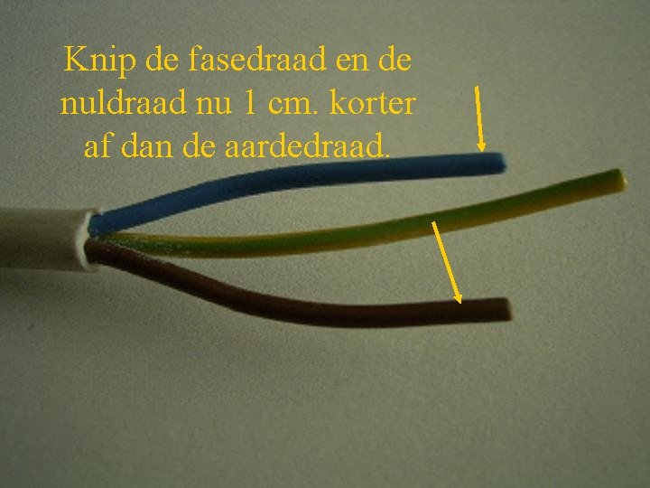 Knip de fasedraad en de nuldraad nu 1 cm. korter af dan de aardedraad.