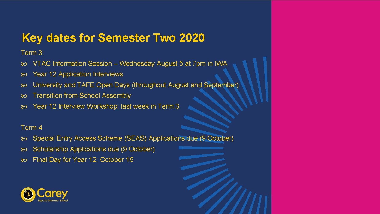 Key dates for Semester Two 2020 Term 3: VTAC Information Session – Wednesday August