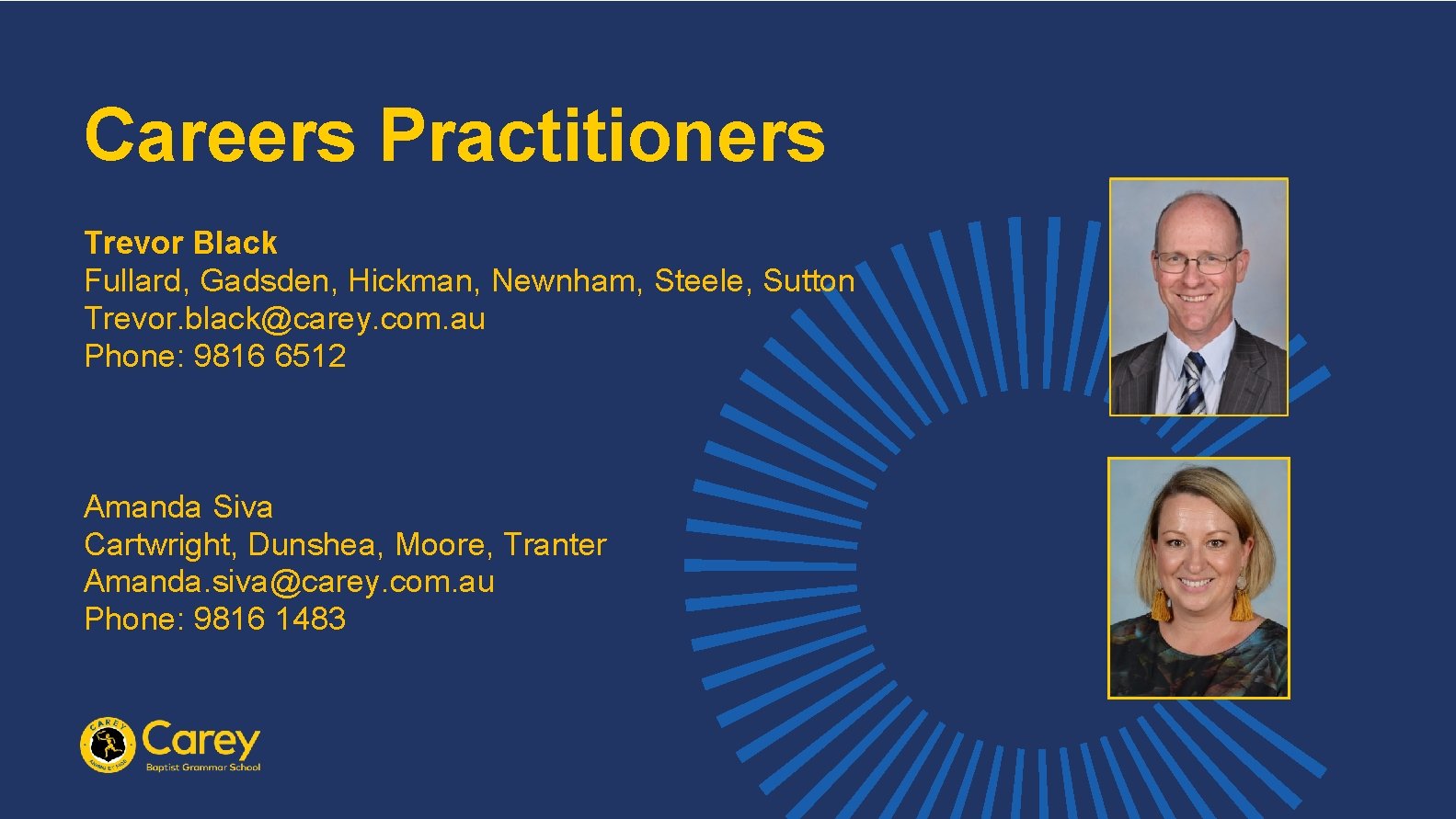 Careers Practitioners Trevor Black Fullard, Gadsden, Hickman, Newnham, Steele, Sutton Trevor. black@carey. com. au