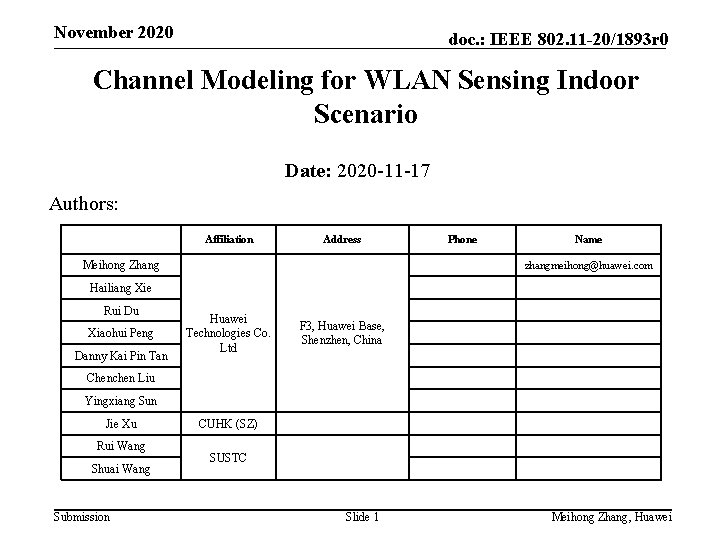 November 2020 doc. : IEEE 802. 11 -20/1893 r 0 Channel Modeling for WLAN
