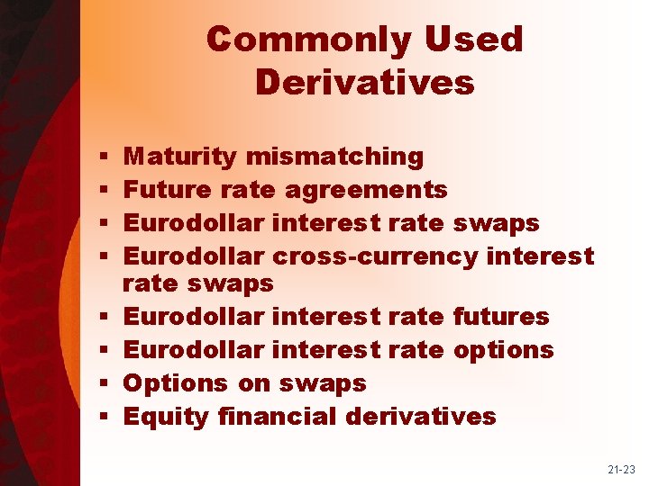 Commonly Used Derivatives § § § § Maturity mismatching Future rate agreements Eurodollar interest