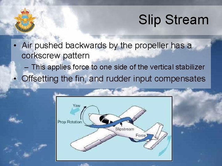 Slip Stream • Air pushed backwards by the propeller has a corkscrew pattern –