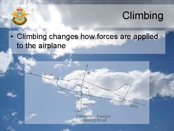 Climbing • Climbing changes how forces are applied to the airplane 