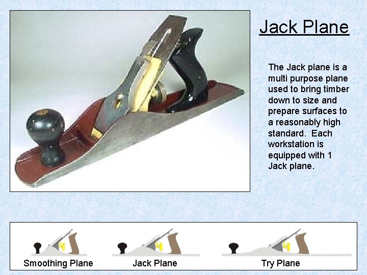 Jack Plane The Jack plane is a multi purpose plane used to bring timber