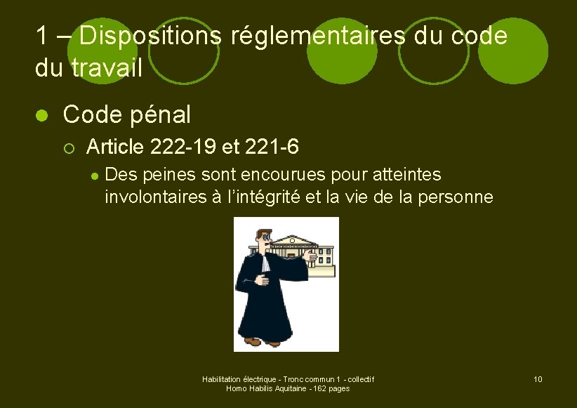 1 – Dispositions réglementaires du code du travail l Code pénal ¡ Article 222