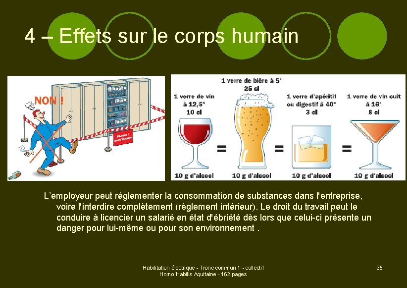 4 – Effets sur le corps humain L’employeur peut réglementer la consommation de substances