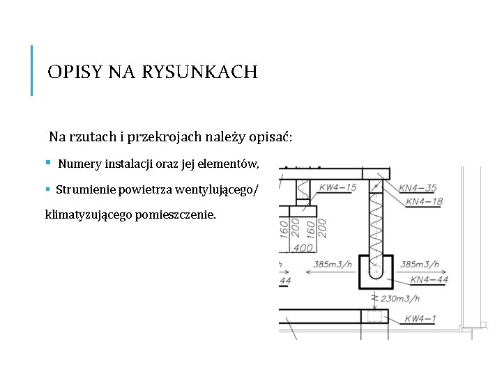 OPISY NA RYSUNKACH Na rzutach i przekrojach należy opisać: § Numery instalacji oraz jej