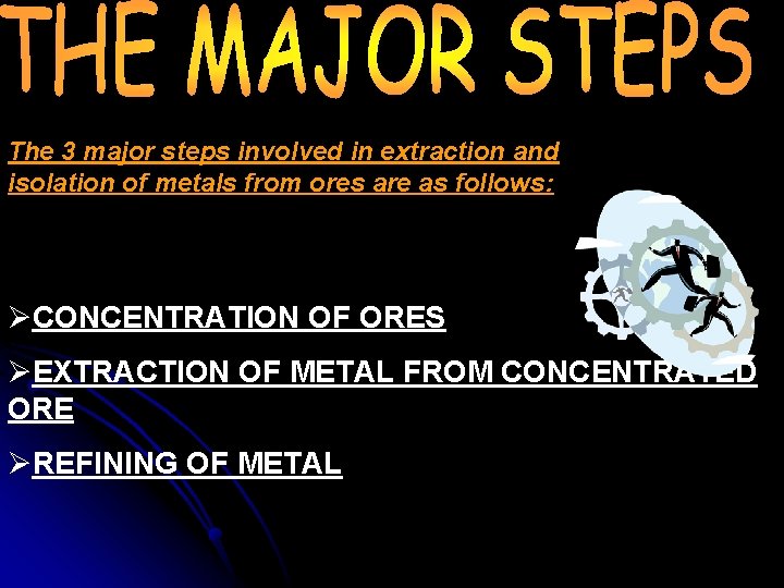The 3 major steps involved in extraction and isolation of metals from ores are