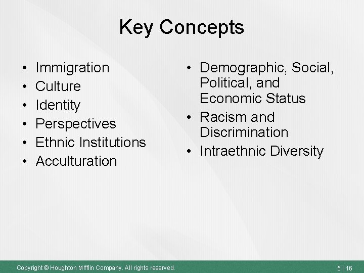 Key Concepts • • • Immigration Culture Identity Perspectives Ethnic Institutions Acculturation Copyright © Key Concepts • • • Immigration Culture Identity Perspectives Ethnic Institutions Acculturation Copyright ©