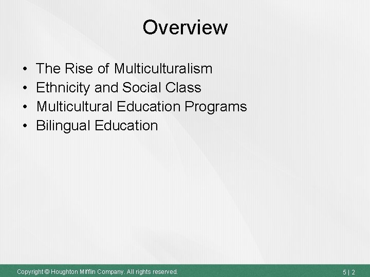 Overview • • The Rise of Multiculturalism Ethnicity and Social Class Multicultural Education Programs Overview • • The Rise of Multiculturalism Ethnicity and Social Class Multicultural Education Programs