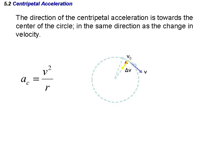 5. 2 Centripetal Acceleration The direction of the centripetal acceleration is towards the center